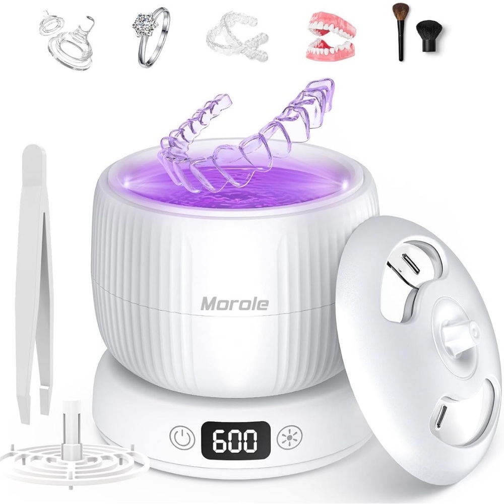 Morole White Ultrasonic Cleaner 4 Modes Denture Cleaner, Guards, Jewelry Cleaner